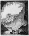 Workers and donkeys by a cave, a castle in the background - (after) Claude Louis Chatelet