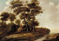 A wooded landscape with hunters and their dogs on a path, a house beyond - (after) Claes Jansz. Van Der Willigen