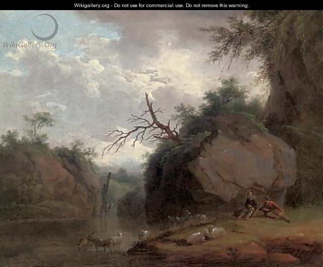 A wooded river landscape with shepherds and their flock - (after) Christian Wilhelm Ernst Dietrich