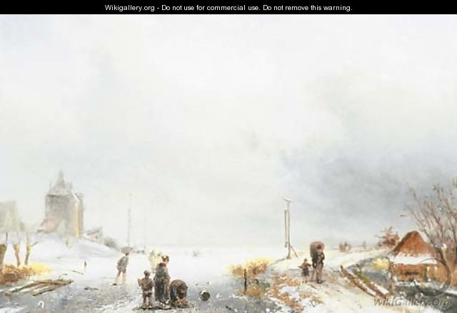 Skaters in a winter landscape - (after) Charles Henri Joseph Leickert