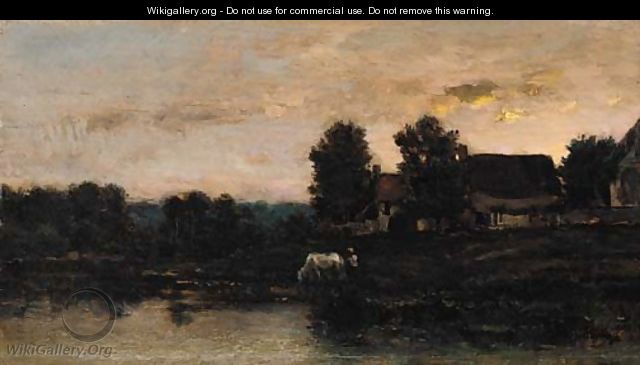 Cattle watering in a twilight landscape - (after) Charles-Francois Daubigny