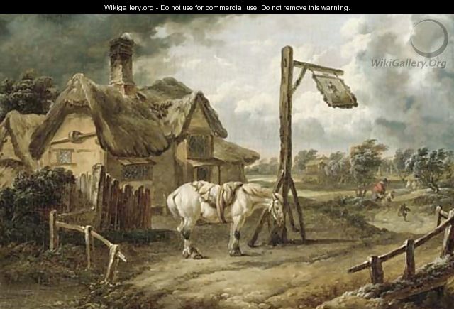 A horse tethered before an inn on a blustery day - (after) Charles Towne