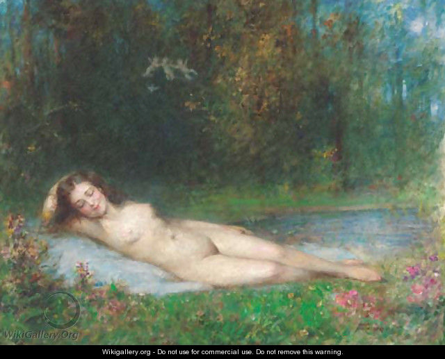 A nymph lying in a wooded river landscape - Arthur von Ferraris