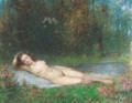 A nymph lying in a wooded river landscape - Arthur von Ferraris