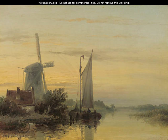 A moored sailing vessel by a windmill at sunset - (after) Abraham Snr Hulk