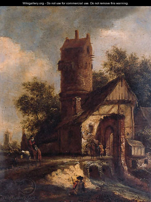 Travellers crossing a torrent by a fortified farmhouse near a dovecote - (after) Roelof Van Vries
