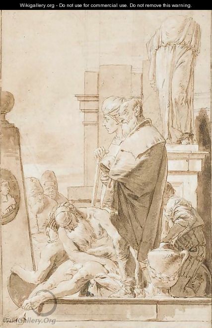 Des hommes assis ou debout, certains en costume oriental, devant une statue sans tete - (after) Giovanni Battista Tiepolo