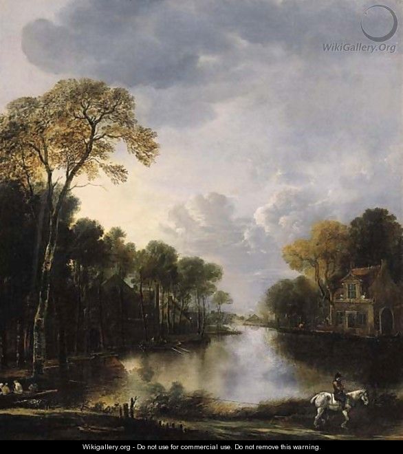 A river landscape at night with a ferry pulled on a rope by a rider in the foreground - (after) Aert Van Der Neer