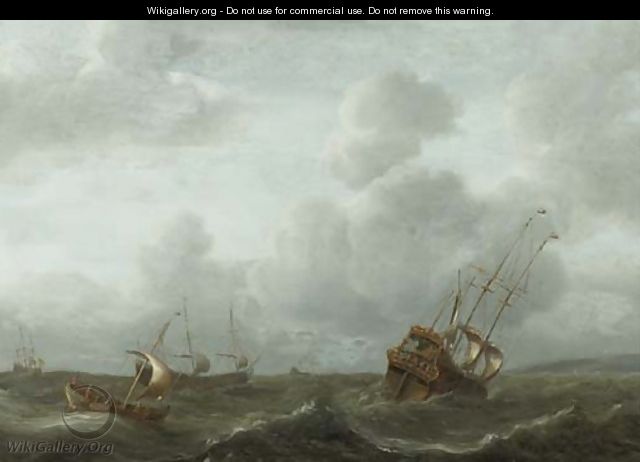 A frigate and other shipping in a stiff breeze - (after) Aernout Smit