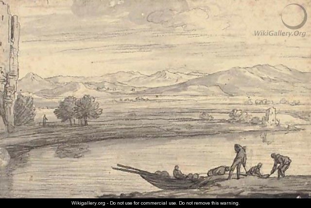 An Italianate landscape with boatmen on a river, ruins to the left - (after) Adrien Manglard