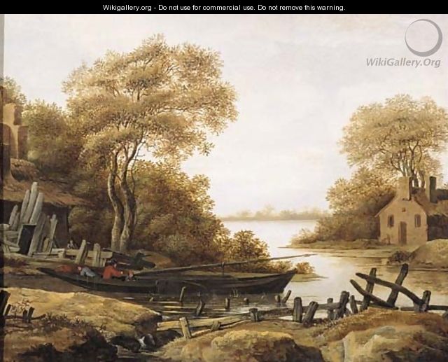 Fishermen in a pink moored by a river bank, in summer - (after) Abraham Van Westerveldt