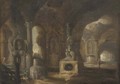 The interior of a grotto with figures amongst classical ruins and fountains - (after) Abraham Van Cuylenborch