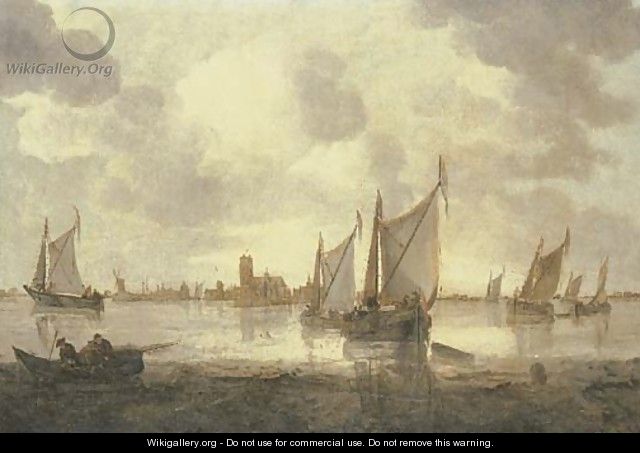 Dutch kaags and other shipping in calm seas, a view of Dordrecht beyond - (after) Abraham Hendrickz Van Beyeren