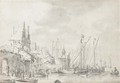 A busy harbour with figure loading a small boat - (after) Abraham Storck