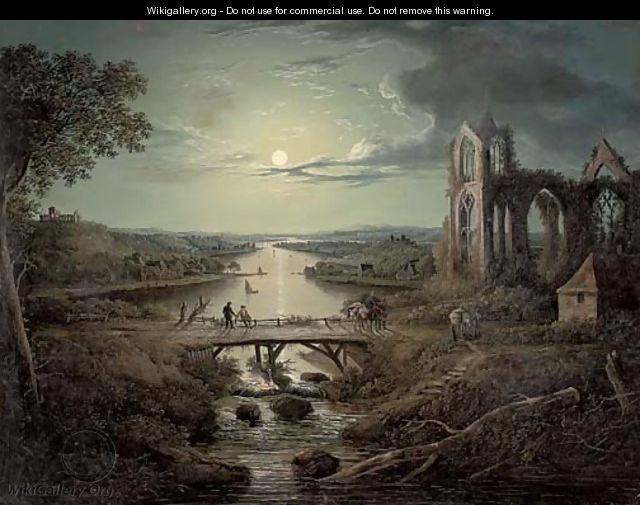 A moonlit view of the River Tweed with Melrose Abbey in the foreground and figures on a bridge - (after) Abraham Pether