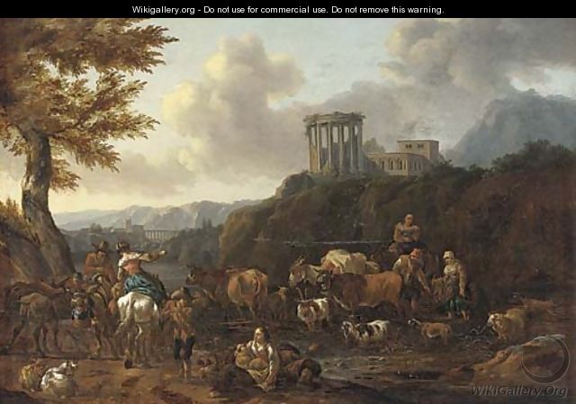 An Italianate landscape with drovers fording a river, the Temple of the Sibyl at Tivoli beyond - (after) Abraham Jansz. Begeyn