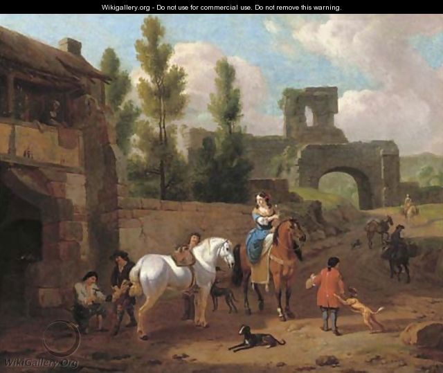 An elegant riding party at a blacksmith outside the walls of a town - (after) Abraham Jansz. Begeyn