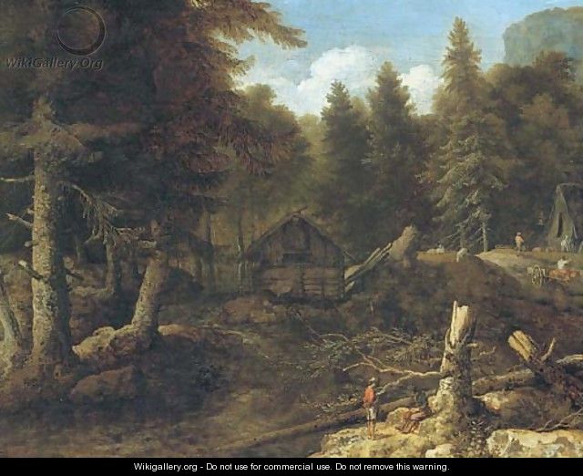 An extensive wooded landscape with woodmen in the foreground - (after) Allaert Van Everdingen