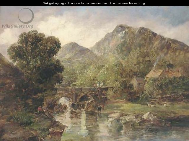 Figures crossing a bridge in a rocky river landscape - (after) Alfred Vickers