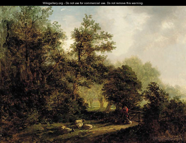 A forest scene with a shepherd, his dog and flock of sheep - (after) Alexander Nasmyth