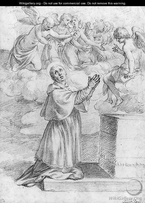 A Bishop Saint praying at an Altar with Angels above - (after) Alessandro Turchi (Orbetto)