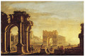 A capriccio of a Mediterranean port with figures amongst classical ruins - (after) Alessandro Salucci