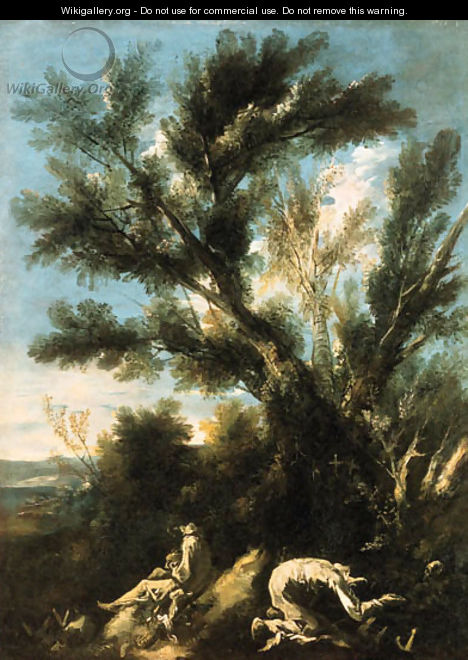 Camaldolese hermit monks in a wooded landscape - (after) Alessandro Magnasco