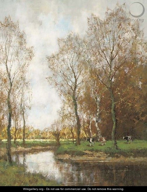 Cows grazing by a stream in a wooded landscape - Arnold Marc Gorter