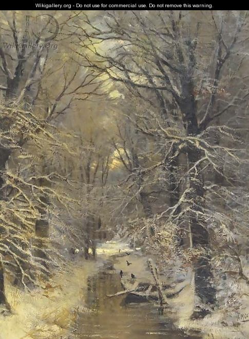 A stream in snow covered woods - Arnold Marc Gorter