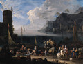 A mediterranean harbour with merchants unloading cargo and elegant travellers on a quay, at sunset - Arnold Frans Rubens