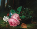 Roses with convolvuli and a sprig of forget-me-nots on a mossy bank - Arthur Chaplin