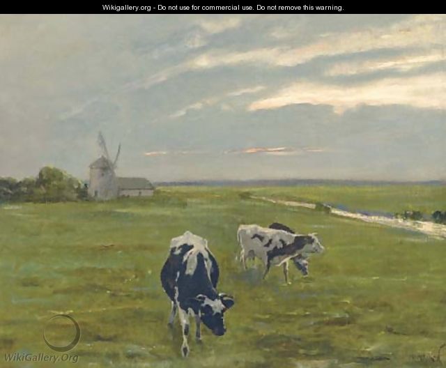 Cattle before a windmill at dusk - Arthur Heyer