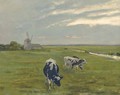 Cattle before a windmill at dusk - Arthur Heyer