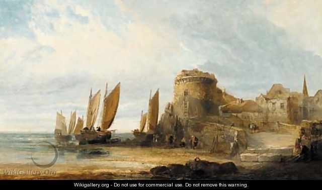 Figures before a fortified coastal town - Arthur Joseph Meadows