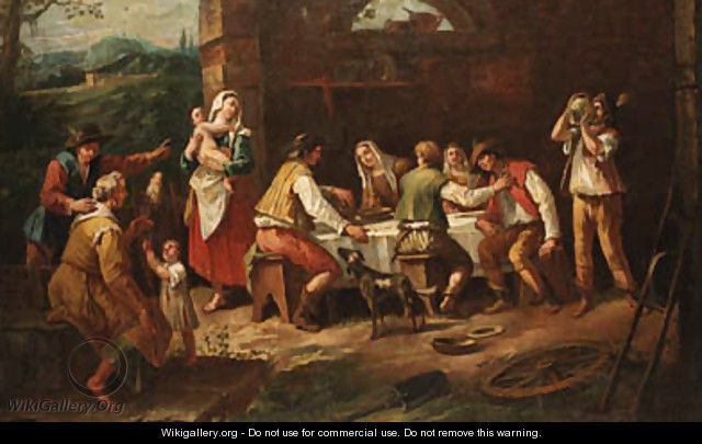 Peasants eating in a farmyard - Antonio Diziani