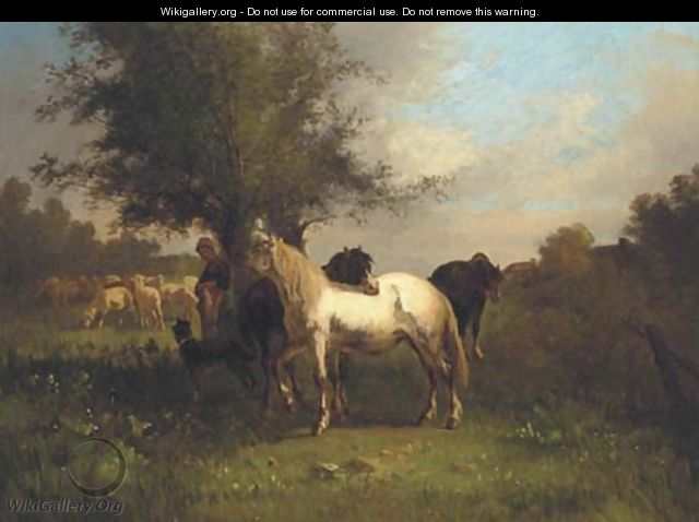 A farm girl with horses and sheep in a field - Antonio Cordero Cortes