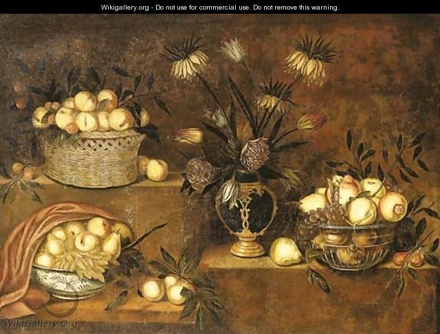 Peaches in a wicker basket, a vase of flowers and bowls with pears, grapes and pomegranates on stepped ledges - Antonio Ponce