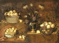 Peaches in a wicker basket, a vase of flowers and bowls with pears, grapes and pomegranates on stepped ledges - Antonio Ponce