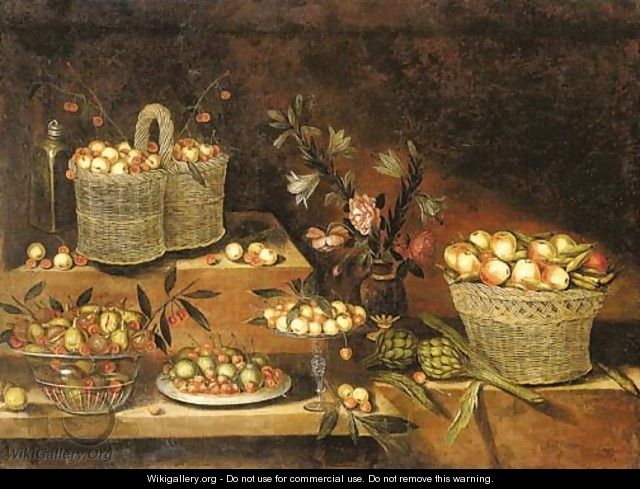 A glass bowl, a pewter plate, a tazza and wicker baskets with cherries, apples, pears, figs and other fruits, with a vase of flowers and artichokes - Antonio Ponce