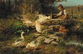 A peasant girl feeding geese - Antonio (Antonis Matteo) Montemezzo