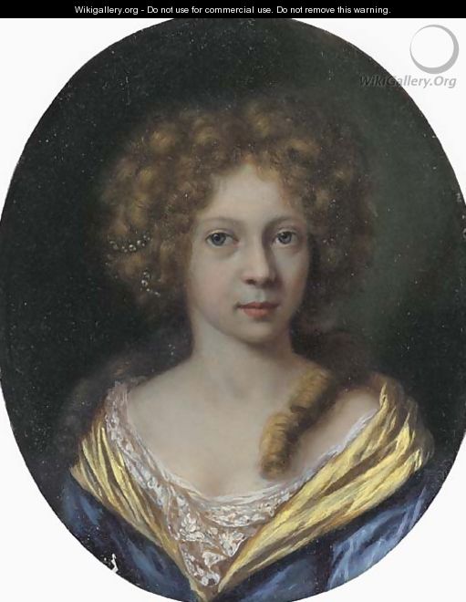 Portrait of a lady, small bust-length, in a blue dress with a yellow border - Arie de Vois