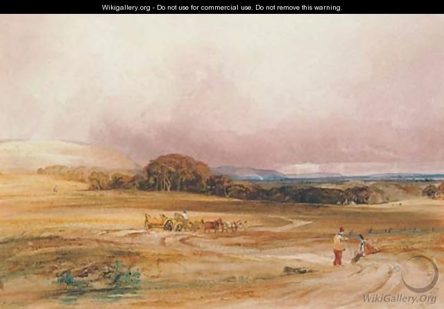 An extensive landscape with a hay-cart and figures in the foreground - Anthony Vandyke Copley Fielding