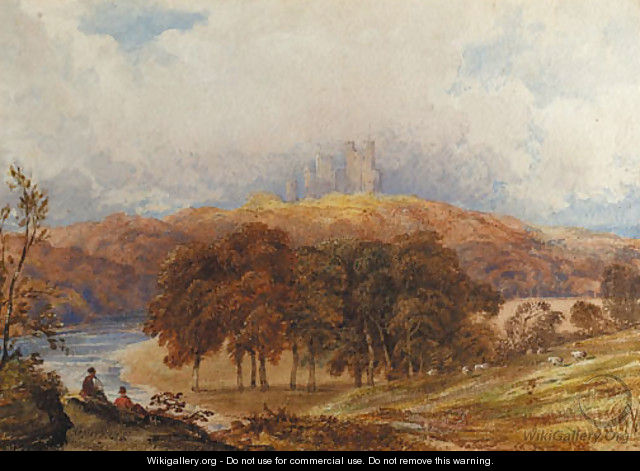 A view of Penrhyn Castle, Wales, with figures in the foreground - Anthony Vandyke Copley Fielding