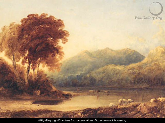 A Herder with Cattle at the Edge of a Lake in a mountainous Landscape - Anthony Vandyke Copley Fielding