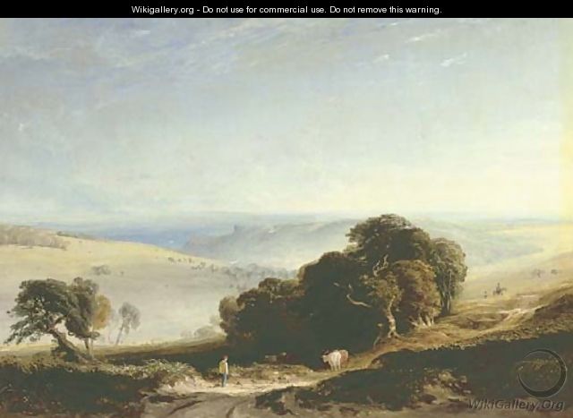 A view of the South Downs with a drover in the foreground, Arundel Castle beyond - Anthony Vandyke Copley Fielding