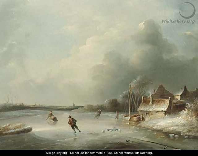 A frozen waterway with figures skating - Anthony Andreas De Meijier