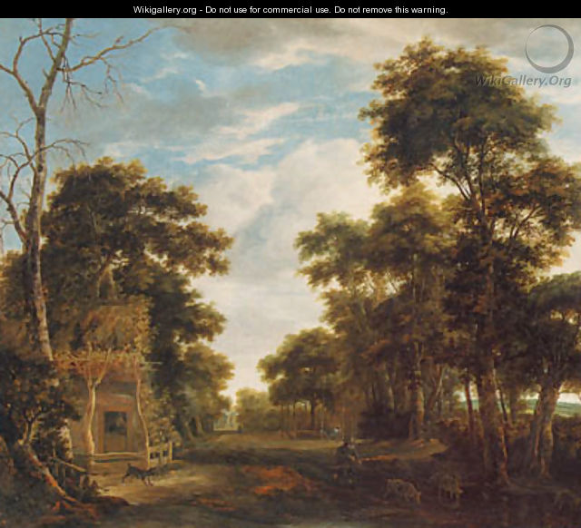 A wooded landscape with a dog barking at a swineherd and pig on a path - Anthonie Waterloo