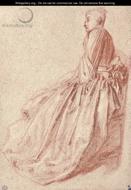 A woman in a long dress, seated in profile to the left - Jean-Antoine Watteau