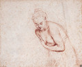 A female nude, half-length, in a shift leaning forward with her hands concealing her breasts - Jean-Antoine Watteau