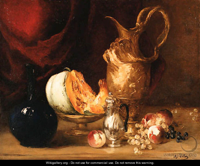 Still life of fruit and vessels before a draped curtain - Antoine Vollon